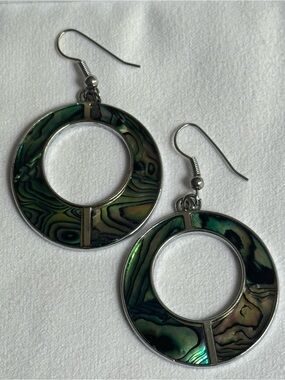 Silver Tone Green Abalone Inlay Hoop Drop Earrings